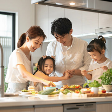 A family preparing a simple elegant meal together in a minimalist white kitchen