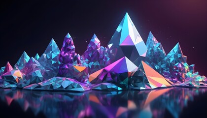 Low poly background of a holo colorful crystal island with mountains and trees - obrazy, fototapety, plakaty