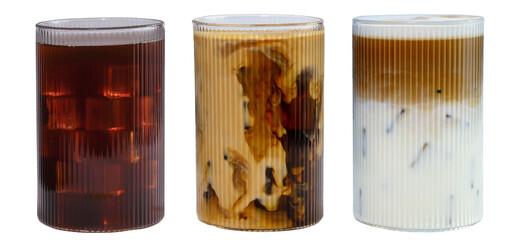 Set of black ice americano  coffee and ice latte coffee with milk in tall glass isolated  on white...
