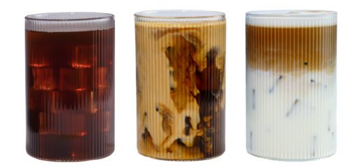 Set of black ice americano  coffee and ice latte coffee with milk in tall glass isolated  on white background.