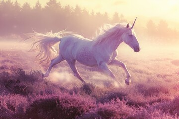 Obraz na płótnie Canvas A white unicorn with flowing mane and tail runs energetically through a field of blooming lavender plants, A whimsical unicorn galloping across a mystical landscape, AI Generated