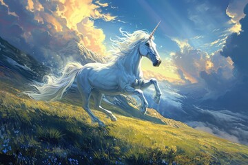 Obraz na płótnie Canvas A painting captures the image of a white unicorn galloping swiftly through a vibrant field, A whimsical unicorn galloping across a mystical landscape, AI Generated