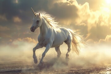 A white unicorn galloping along a sandy beach with fluffy clouds filling the sky in the background, A whimsical unicorn galloping across a mystical landscape, AI Generated