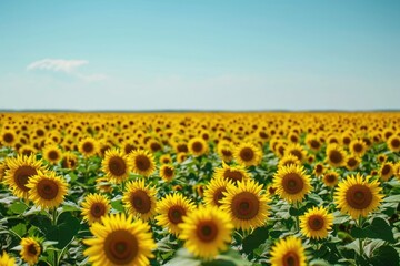 A vibrant field filled with sunflowers stretching towards a clear blue sky, A wide expansive sunflower field under a clear blue sky, AI Generated
