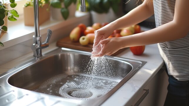 Bright kitchen sink with a woman washing dishes