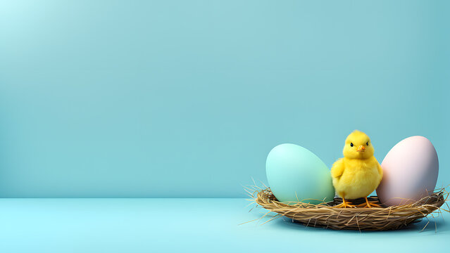 Lovely 3D Cute Chicken with Vibrant Easter Eggs on Gentle Blue Pastel Backdrop. Embracing Easter Spirit for Social Media, Poster, Website Banner.