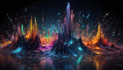 Holo abstract background with colorful gluo rocky spikes on a desert island 
