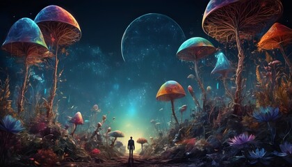 Holographic fantasy landscape with colorful plants and giant mushrooms, one person silhouette in the distance looking at the sunset, large moon and stars in the sky - obrazy, fototapety, plakaty