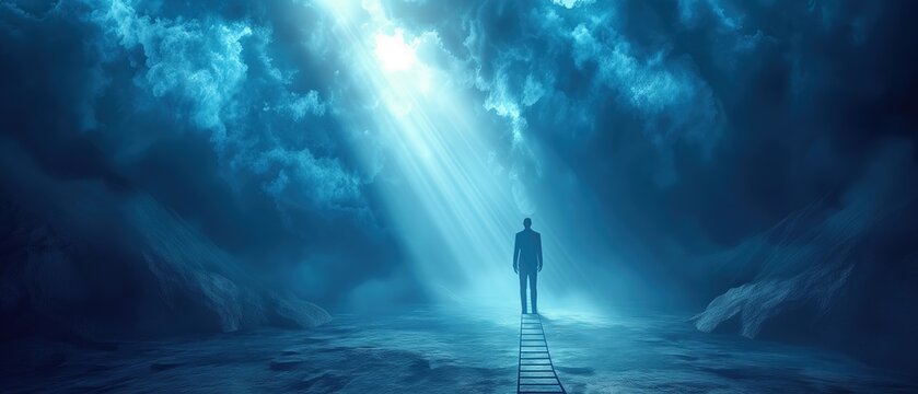 silhouette of a business man walking up on the dark misty road with light shine from heaven, attempt, dream and successful concept, Generative Ai