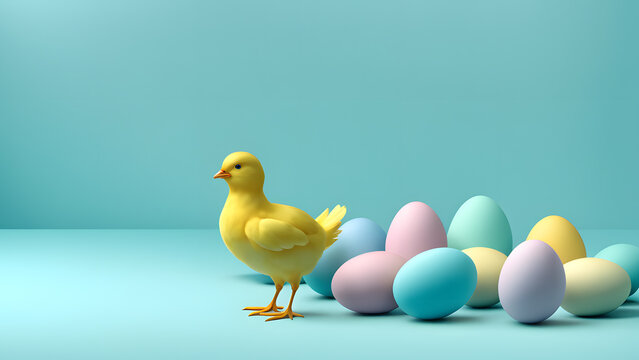 Dynamic 3D Cute Chicken Amidst Colorful Easter Eggs on Luminous Blue Pastel Setting. Signifying Easter Wonder for Social Media, Poster, Website Banner.