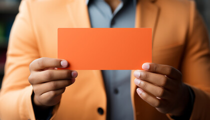 Fototapeta premium Successful businessman showing blank business card, confident in his expertise generated by AI