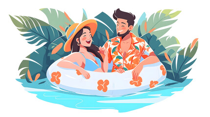 Flat cartoon illustration couple swimming in the sea with an inflatable ring