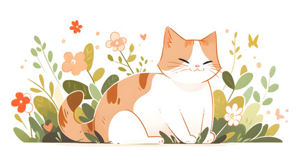 Fototapeta premium Flat illustration very cute cat sitting in the grass