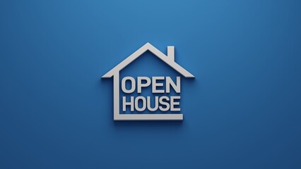Fototapeta na wymiar Open House Event Logo - Bold and Inviting Home Silhouette with Typographic Design on a Striking Blue Background. 3D illustration