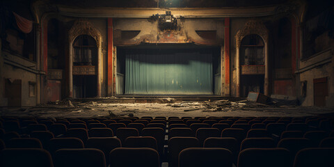 cinema hall with screen, Abandoned Theater Stage,  Generative AI - obrazy, fototapety, plakaty