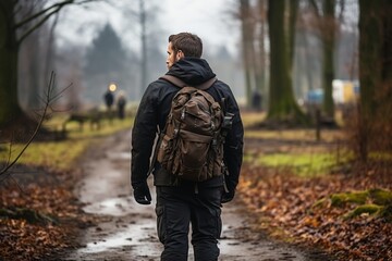 A young man stays in park with backpack and enjoys the views of nature, rear view