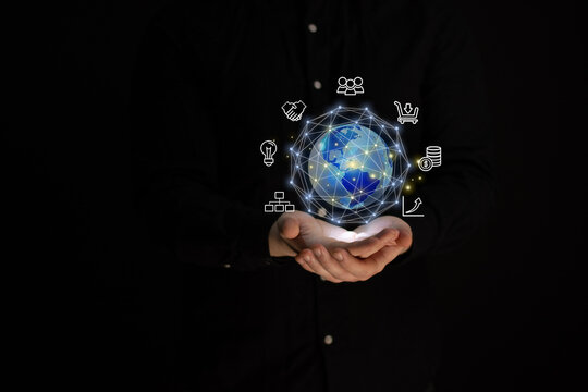 Global network connection. Big data analytics and business concept, world map point and line composition concept of global business, digital connection technology, e-commerce, social network .Businees