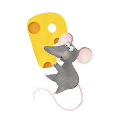 Bright cheese alphabet. Cute and funny rat with letter P. Tasty illustration for kids on white background