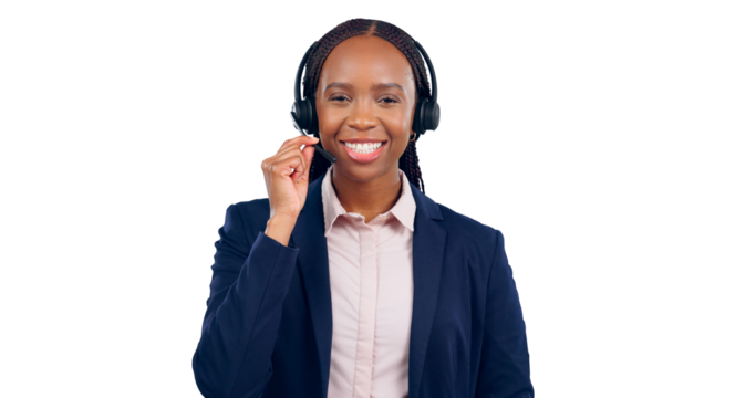 Call center, woman and portrait in studio for customer service, CRM questions or IT support. Happy telemarketing agent or african consultant with microphone isolated on a transparent, png background