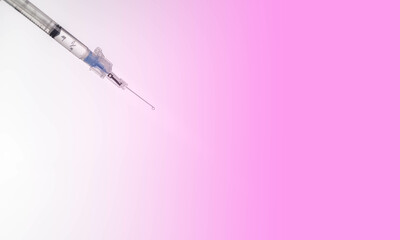 Syringe with fluid dripping banner with white to pink gradient background.