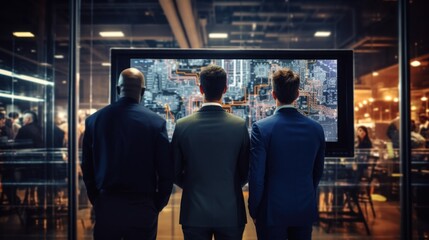 Obraz premium A group of IT engineers discuss new technologies, project ideas and the direction of development of the IT industry