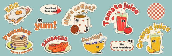 set of funny food stickers: pancakes, fried sausages with ketchup, oatmeal porridge with blueberries, coffee with cookies, fried eggs with bacon, tomato and orange juice. Cartoon retro style.Vector.