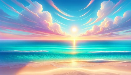 Fototapeta na wymiar Radiant Dawn: Glistening Waters and Golden Sands at Sunrise