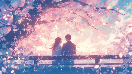 カップルがデートをしている　桜満開の季節　卒業シーズン　入学シーズン
