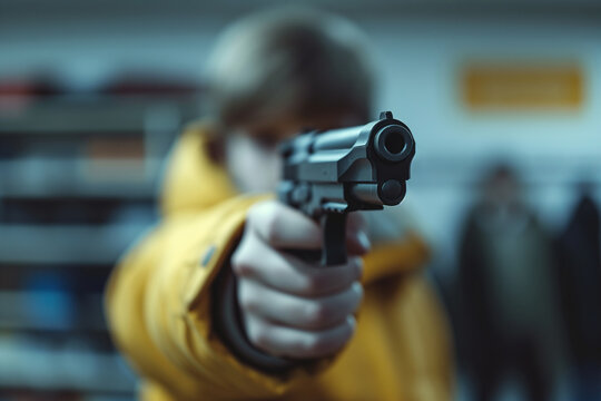 Close-up of a child in a yellow jacket holding a gun highlights social problem of child abuse and gun violence. School shooting, selective focus