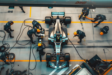 Formula 1 racing car undergoing maintenance at pit stop