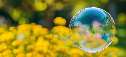 Close-up of a soap bubble reflecting spring scenery, vibrant colors and delicate nature