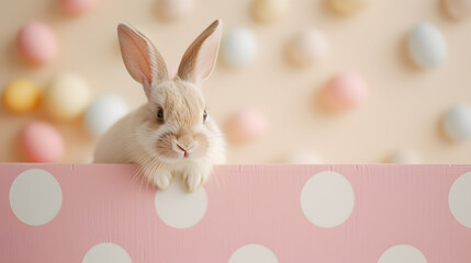 A cute bunny peeks over a polka-dotted surface, surrounded by pastel-colored Easter eggs scattered on a soft background, exuding a festive and playful mood.
