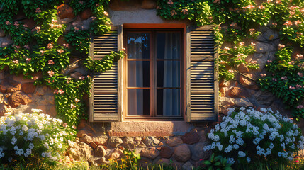 Fototapeta na wymiar Traditional European House with Stone Walls and Flower Decorations, Vintage Architecture and Design