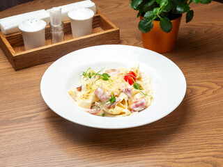 Italian carbonara pasta. Lunch.