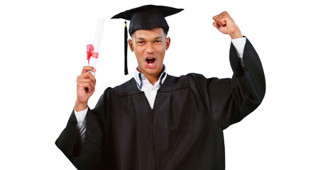 Portrait of happy man, graduation or certificate celebration for education, college or university success. Transparent png background, excited student or isolated graduate with diploma or achievement