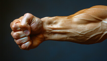 Highly-detailed image of a clenched fist with pronounced muscular definition against a dark background.