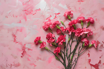 Vibrant Red Carnations Spread Gracefully Against a Delicate Pink Backdrop, Exuding Warmth and Elegance
