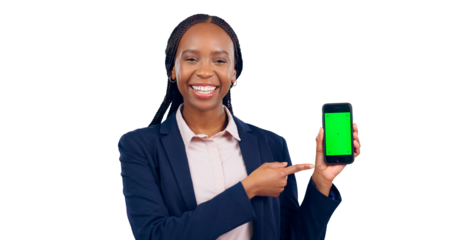 Woman, portrait and phone with green screen for business, transparent and isolated background. Person, happiness and African sales agent for technology of mobile for website with internet and png