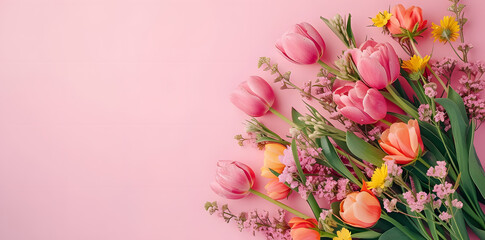 Spring Bloom: A Colorful Array of Fresh Flowers Against a Soft Pink Background