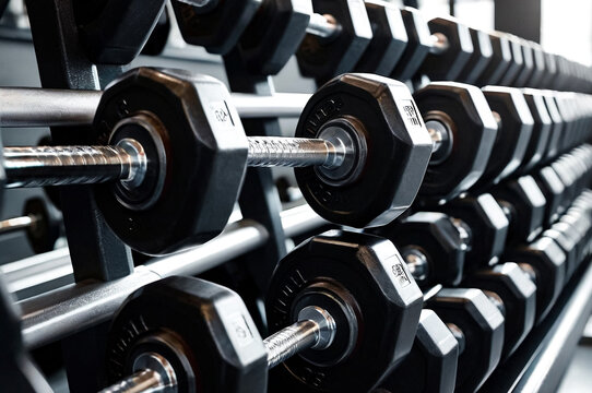 Modern gym interior with sports equipment - sport dumbbells on rack. New fitness center inventory for sport events and training exercises. Concept of sport design backgrounds. Copy text space, poster