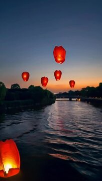 Red round Chinese sky lanterns flying over the river in the evening sky with first tars