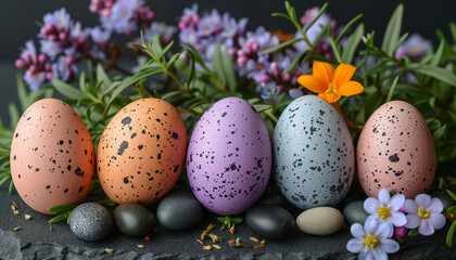 Naklejka na ściany i meble Colorful pastel Easter eggs adorned with speckles, nestled among purple flowers and green foliage on a slate background.