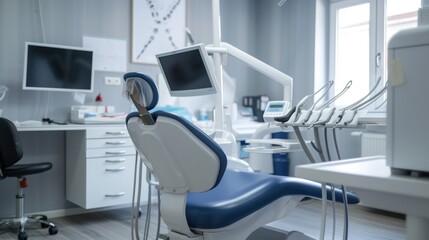 dental chair in the office, white and blue colors,