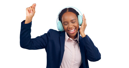Business woman, headphones and png background for celebration, promotion and happiness with smile. African female person, dance and formal for transparent, isolated and excited for music and winning