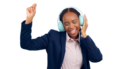 Business woman, headphones and png background for celebration, promotion and happiness with smile. African female person, dance and formal for transparent, isolated and excited for music and winning