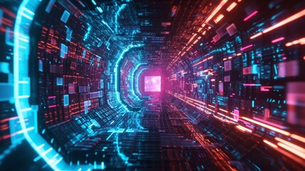 Cyber Tunnel with Neon Blue and Red Data Streams