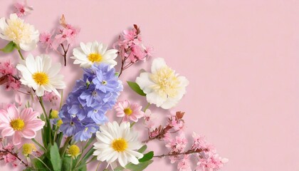Fototapeta na wymiar Beautiful spring flowers on light pink background. Top view
