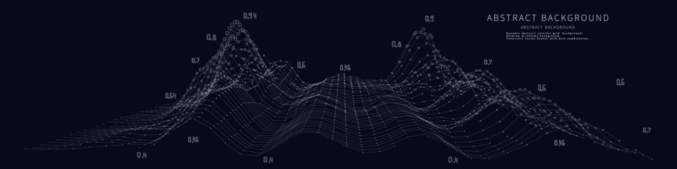 Abstract background waves graphs from white sphere and lines on poly grid. Technology wireframe helix concept in virtual space. Big Data. Banner for business, science and technology data analytics.