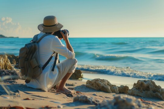 A photographer in a straw hat takes pictures of the scenery at the seaside, slow shutter speed photography,