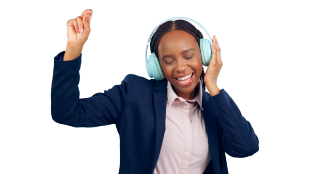 Business woman, headphones and png background for celebration, promotion and happiness with smile. African female person, dance and formal for transparent, isolated and excited for music and winning